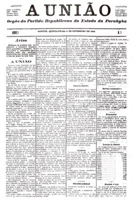 Capa da primeira edição do jornal A União, publicada em 2 de fevereiro de 1893